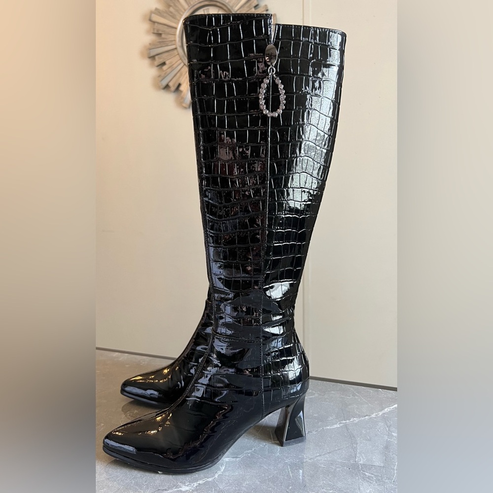 Black leather knee high boots with crocodile embossed leather, silver hardware